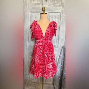 House of Harlow 1960 Red Floral/Bandana Linen Blend Tie Strap Dress (Size: S)